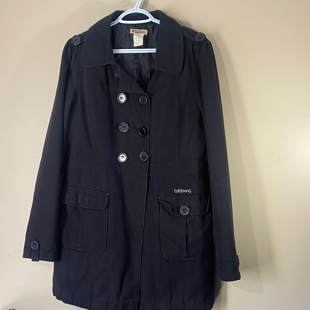 VINTAGE Billabong Black Double Breasted Trench Coat quilt lined Coastal M/L